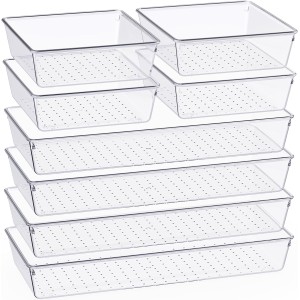 Moellyn 8 Pack Large Clear Plastic Drawer Organizer Set, Bathroom Organizer Vanity Trays Dividers, Non Slip Storage Bins